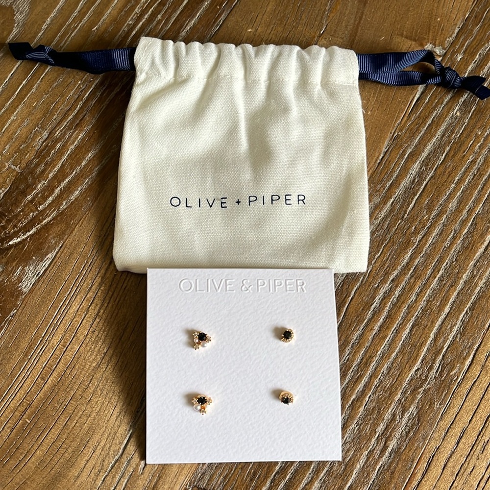 Brand:Olive & Piper; Item: Earrings (2 Pairs); Color: Gold,Green,Pearl&”Diamond”